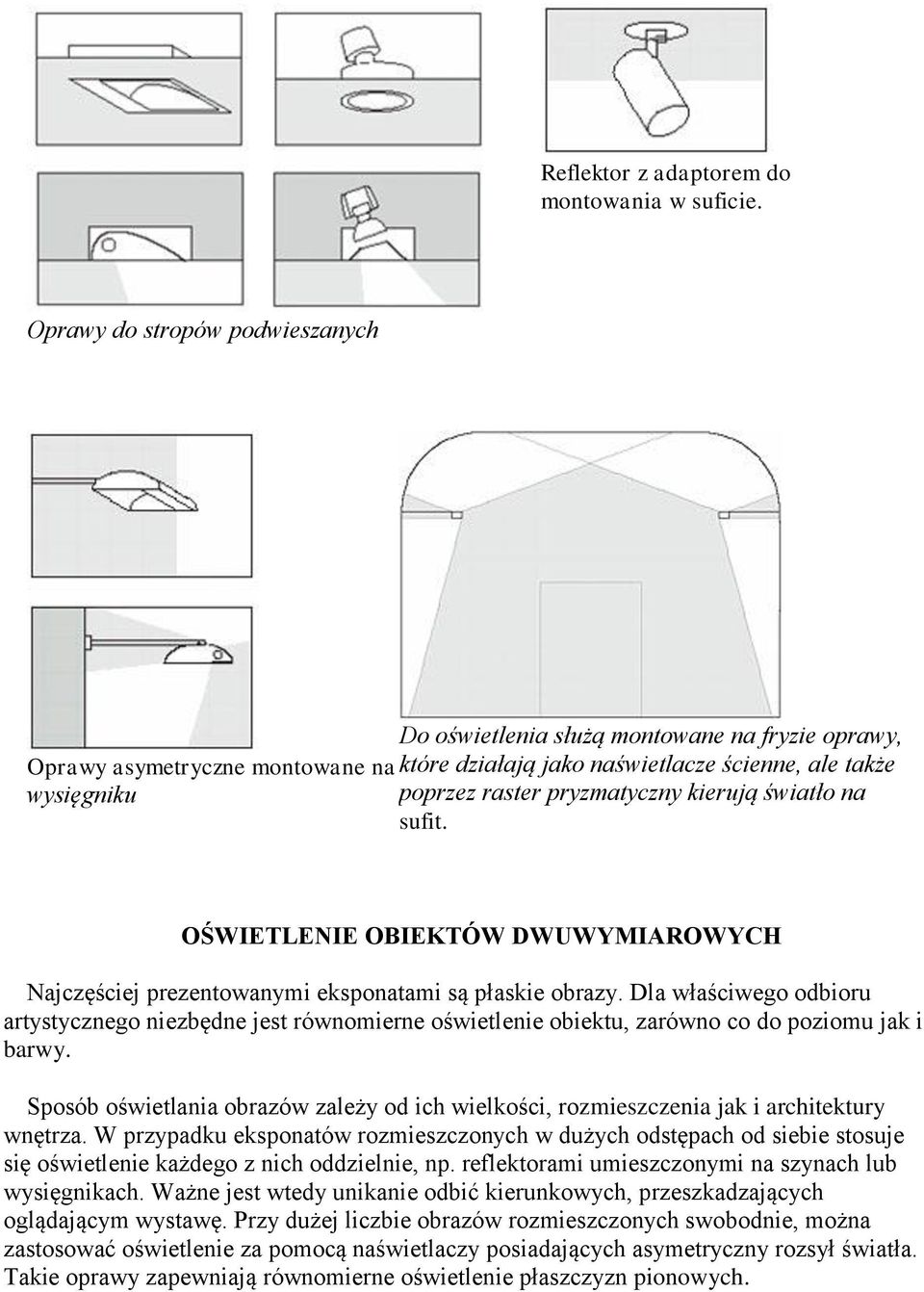 pryzmatyczny kierują światło na sufit. OŚWIETLENIE OBIEKTÓW DWUWYMIAROWYCH Najczęściej prezentowanymi eksponatami są płaskie obrazy.