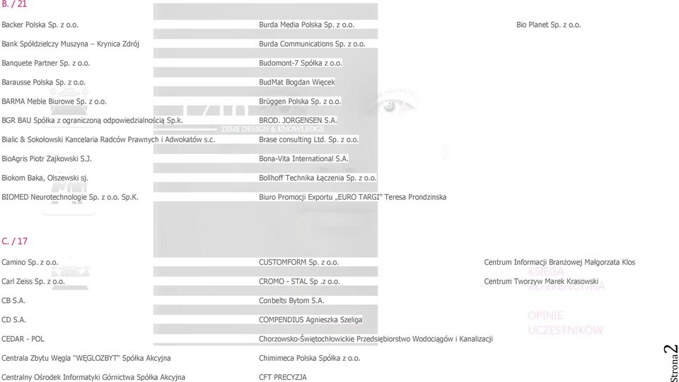 BIOMED Neurotechnologie Sp. z o.o. Sp.K. Burda Communications Sp. z o.o. Budomont-7 Spółka z o.o. BudMat Bogdan Więcek Brüggen Polska Sp. z o.o. BROD. JORGENSEN S.A. Brase consulting Ltd. Sp. z o.o. Bona-Vita International S.