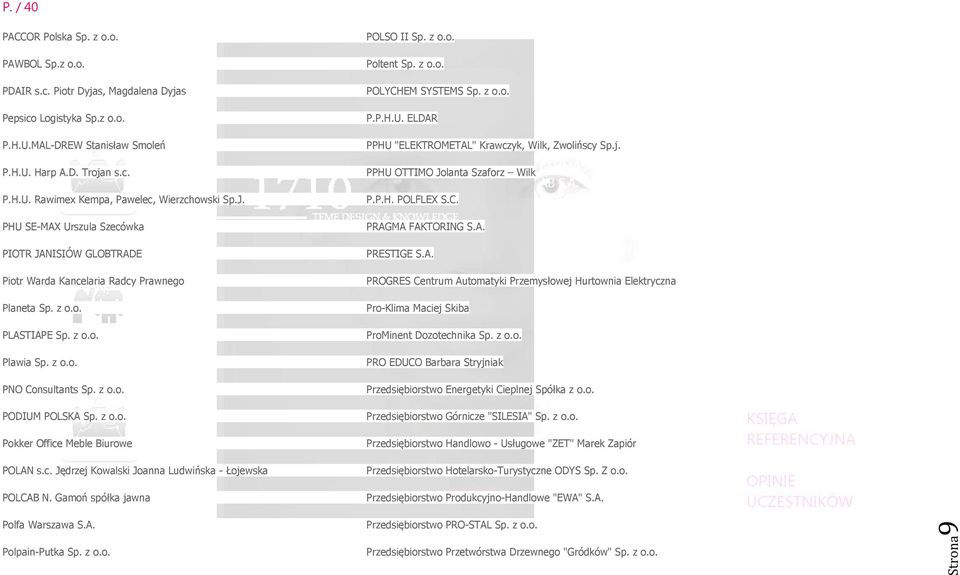 z o.o. Pokker Office Meble Biurowe POLAN s.c. Jędrzej Kowalski Joanna Ludwińska - Łojewska POLCAB N. Gamoń spółka jawna Polfa Warszawa S.A. POLSO II Sp. z o.o. Poltent Sp. z o.o. POLYCHEM SYSTEMS Sp.