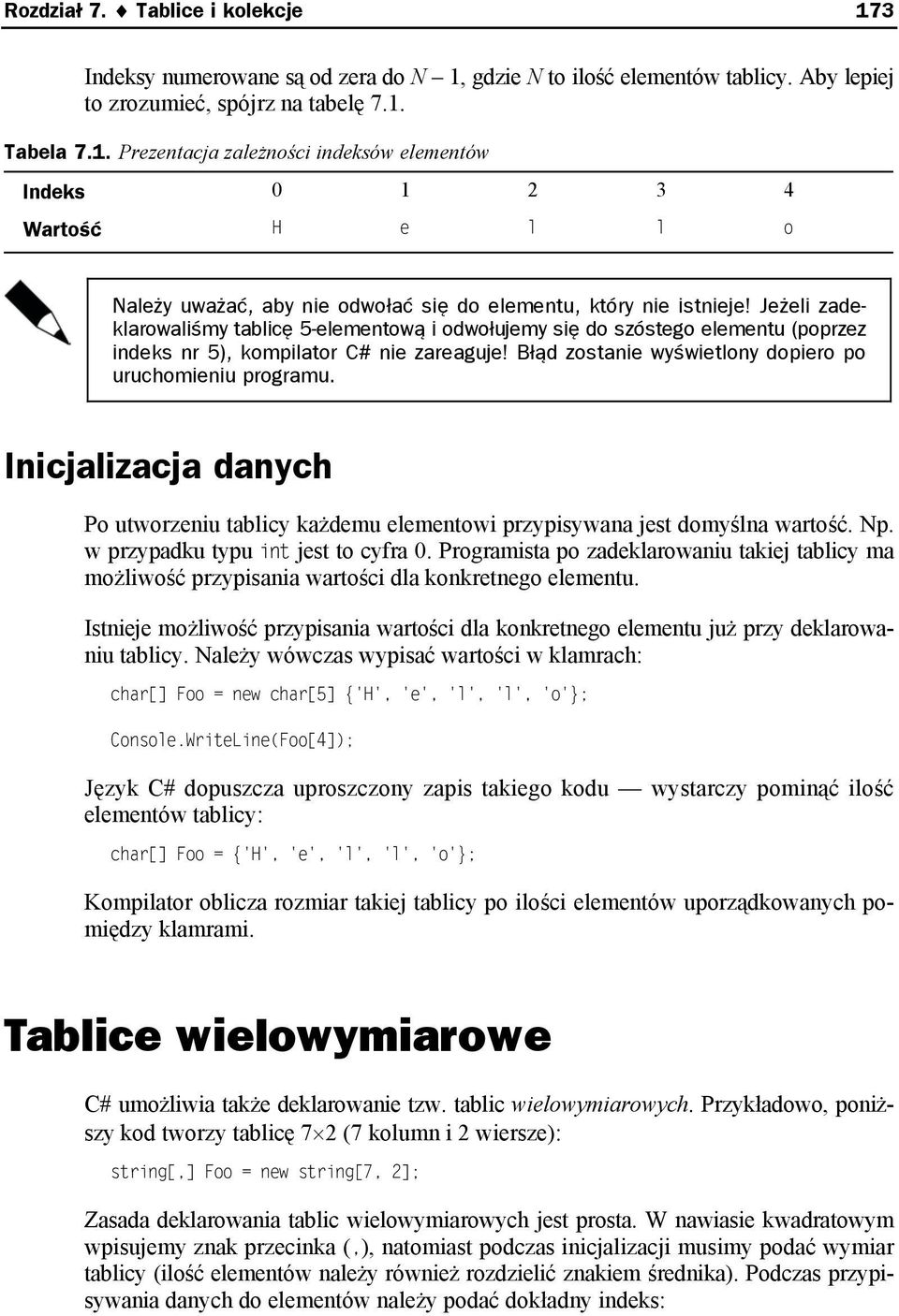 Inicjalizacja danych Po utworzeniu tablicy każdemu elementowi przypisywana jest domyślna wartość. Np. w przypadku typu int jest to cyfra 0.