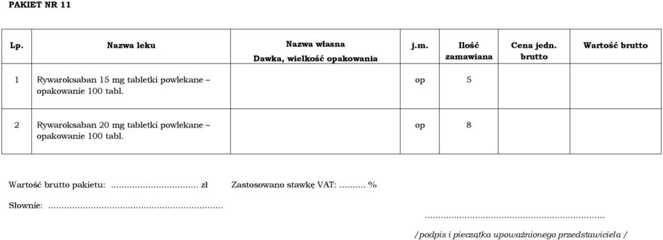 op 5 2 Rywaroksaban 20 mg tabletki  op 8 Wartość