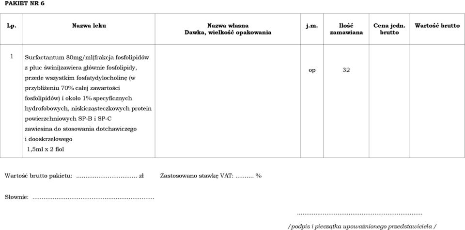 około 1% specyficznych hydrofobowych, niskicząsteczkowych protein powierzchniowych SP-B i SP-C zawiesina