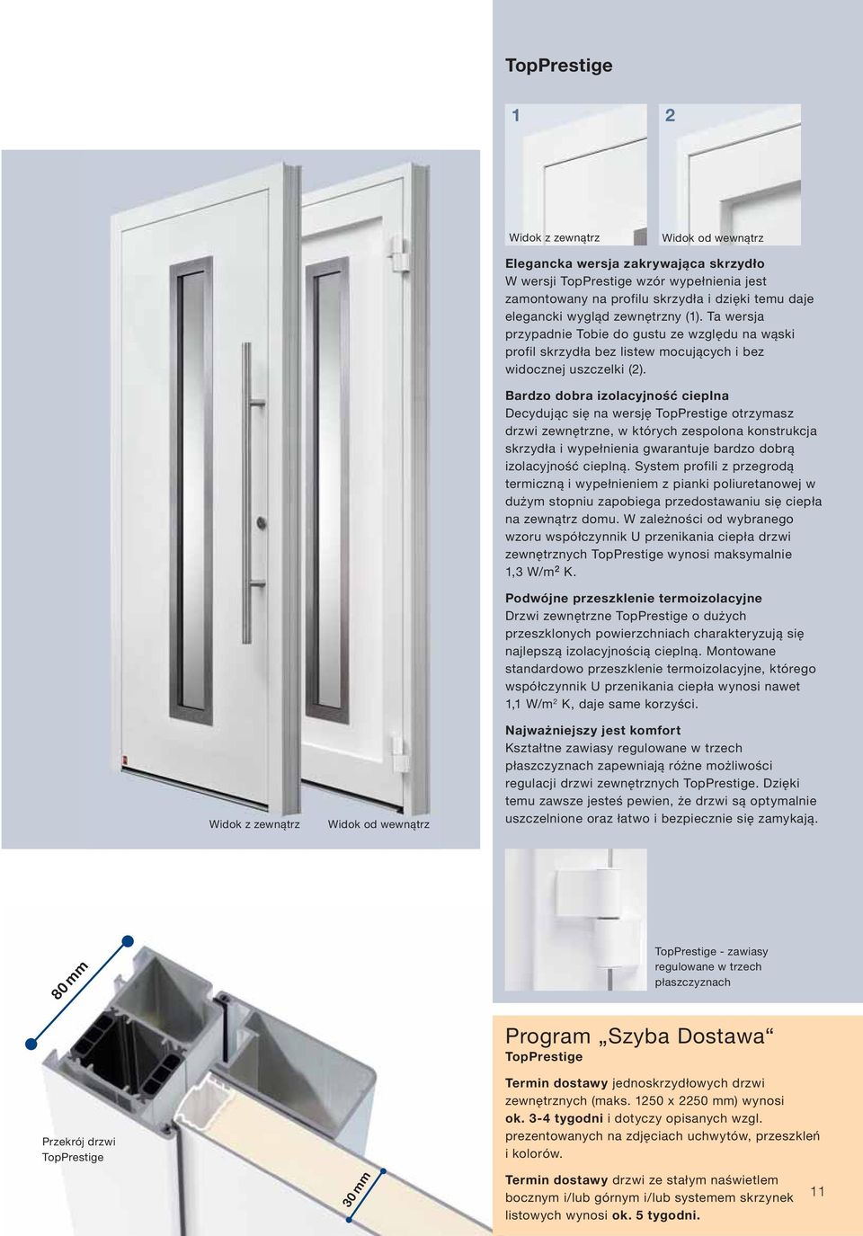 Bardzo dobra izolacyjność cieplna Decydując się na wersję TopPrestige otrzymasz drzwi zewnętrzne, w których zespolona konstrukcja skrzydła i wypełnienia gwarantuje bardzo dobrą izolacyjność cieplną.
