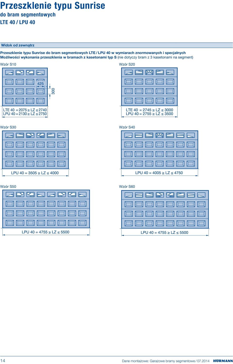 wykonania przeszklenia w bramach z kasetonami typ S (nie dotyczy bram z 3 kasetonami na segment)