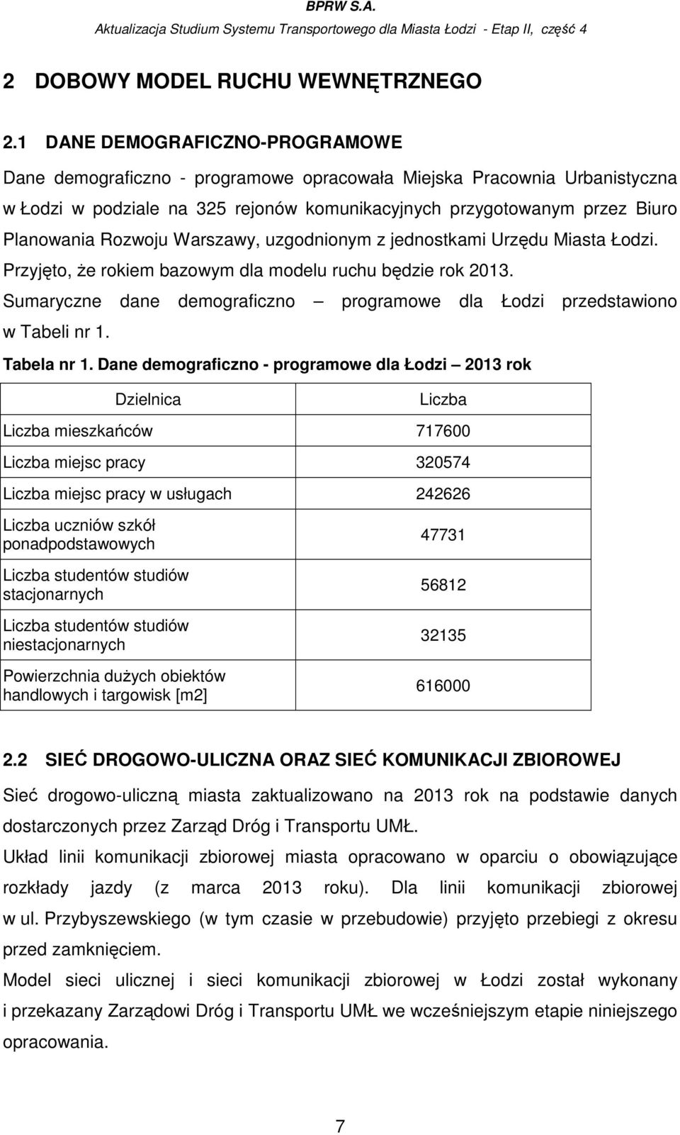 Rozwoju Warszawy, uzgodnionym z jednostkami Urzędu Miasta Łodzi. Przyjęto, Ŝe rokiem bazowym dla modelu ruchu będzie rok 2013.