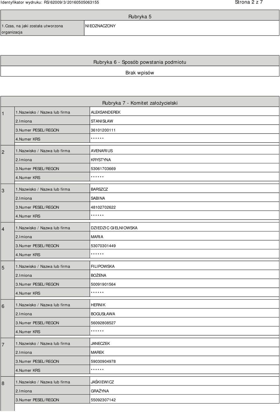 Numer PESEL/REGON 53061703669 3 1.Nazwisko / Nazwa lub firma BARSZCZ SABINA 3.Numer PESEL/REGON 48102702622 4 1.Nazwisko / Nazwa lub firma DZIEDZIC GIELNIOWSKA MARIA 3.