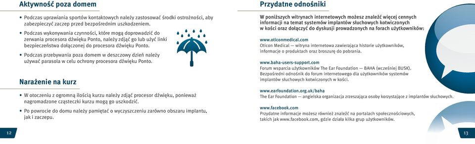 Podczas przebywania poza domem w deszczowy dzień należy używać parasola w celu ochrony procesora dźwięku Ponto.