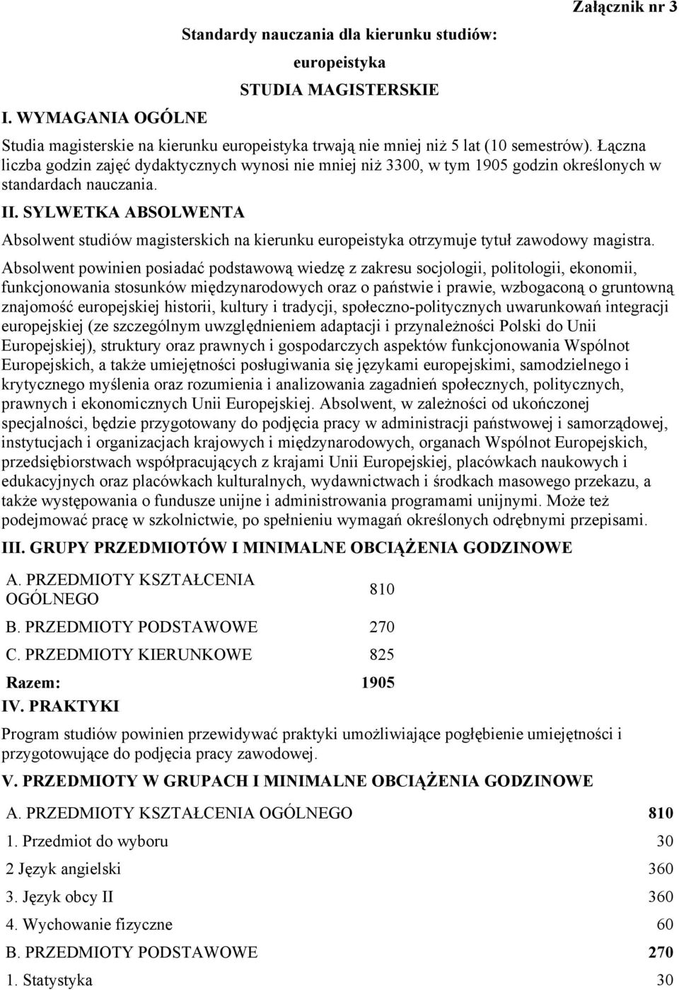 SYLWETKA ABSOLWENTA Absolwent studiów magisterskich na kierunku europeistyka otrzymuje tytuł zawodowy magistra.