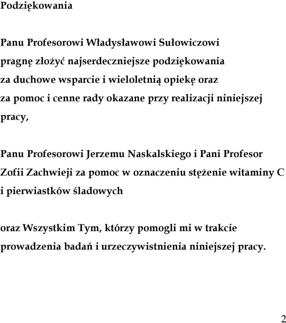 Profesorowi Jerzemu Naskalskiego i Pani Profesor Zofii Zachwieji za pomoc w oznaczeniu stężenie witaminy C i
