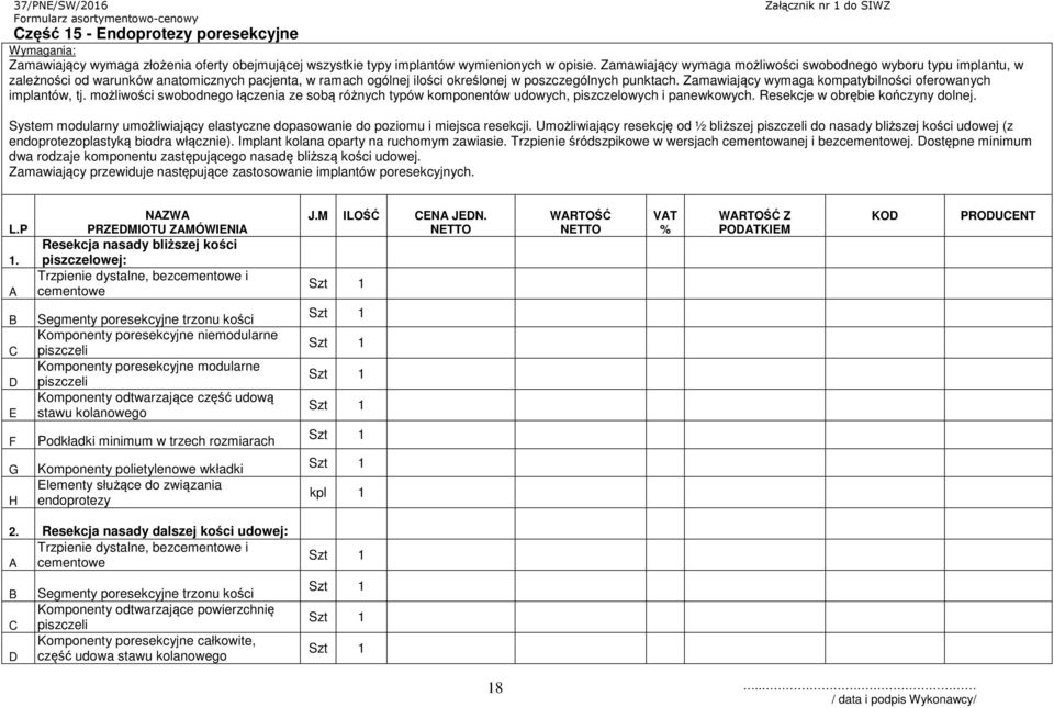 Zamawiający wymaga kompatybilności oferowanych implantów, tj. możliwości swobodnego łączenia ze sobą różnych typów komponentów udowych, piszczelowych i panewkowych. Resekcje w obrębie kończyny dolnej.