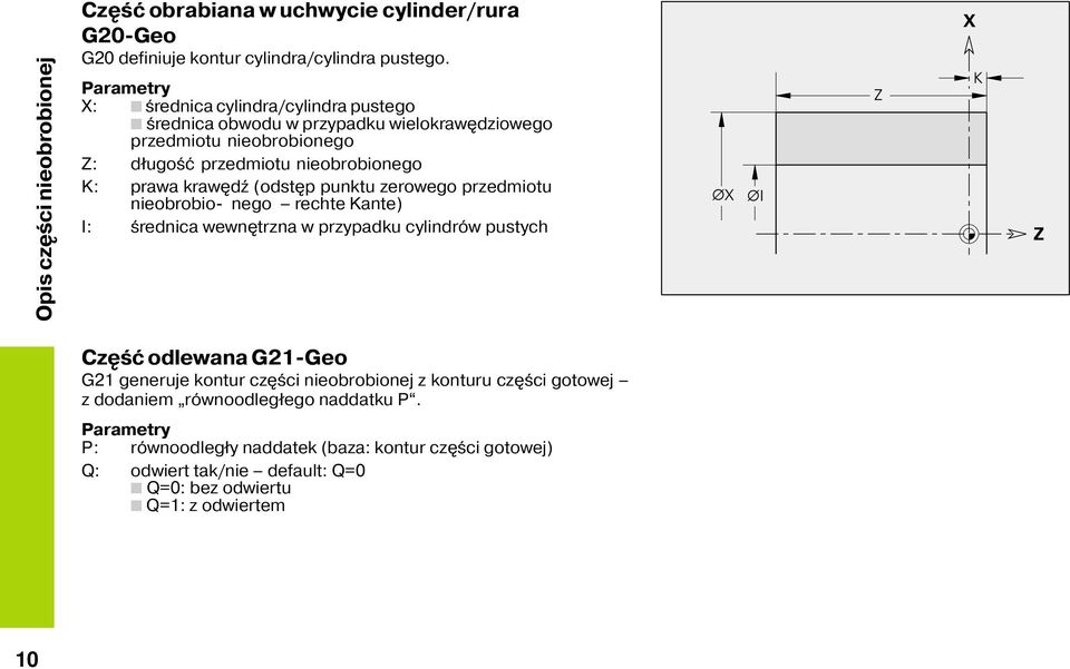 (odst p punktu zerowego przedmiotu nieobrobio- nego rechte Kante) I: średnica wewn trzna w przypadku cylindrów pustych Cz ść odlewana G21-Geo G21 generuje kontur cz