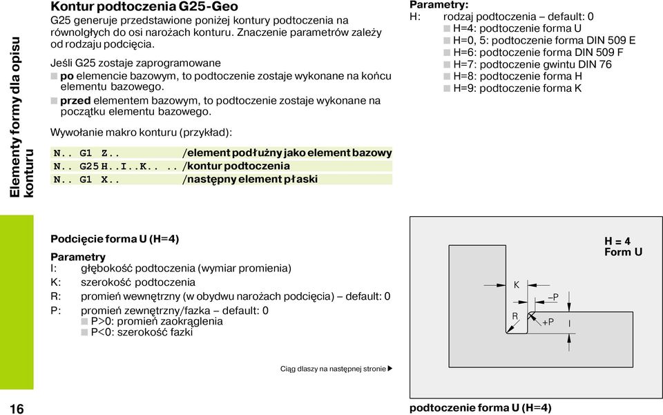 przed elementem bazowym, to podtoczenie zostaje wykonane na pocz tku elementu bazowego. Wywołanie makro konturu (przykład): N.. G1 Z.. /element podłużny jako element bazowy N.. G25 H..I..K.
