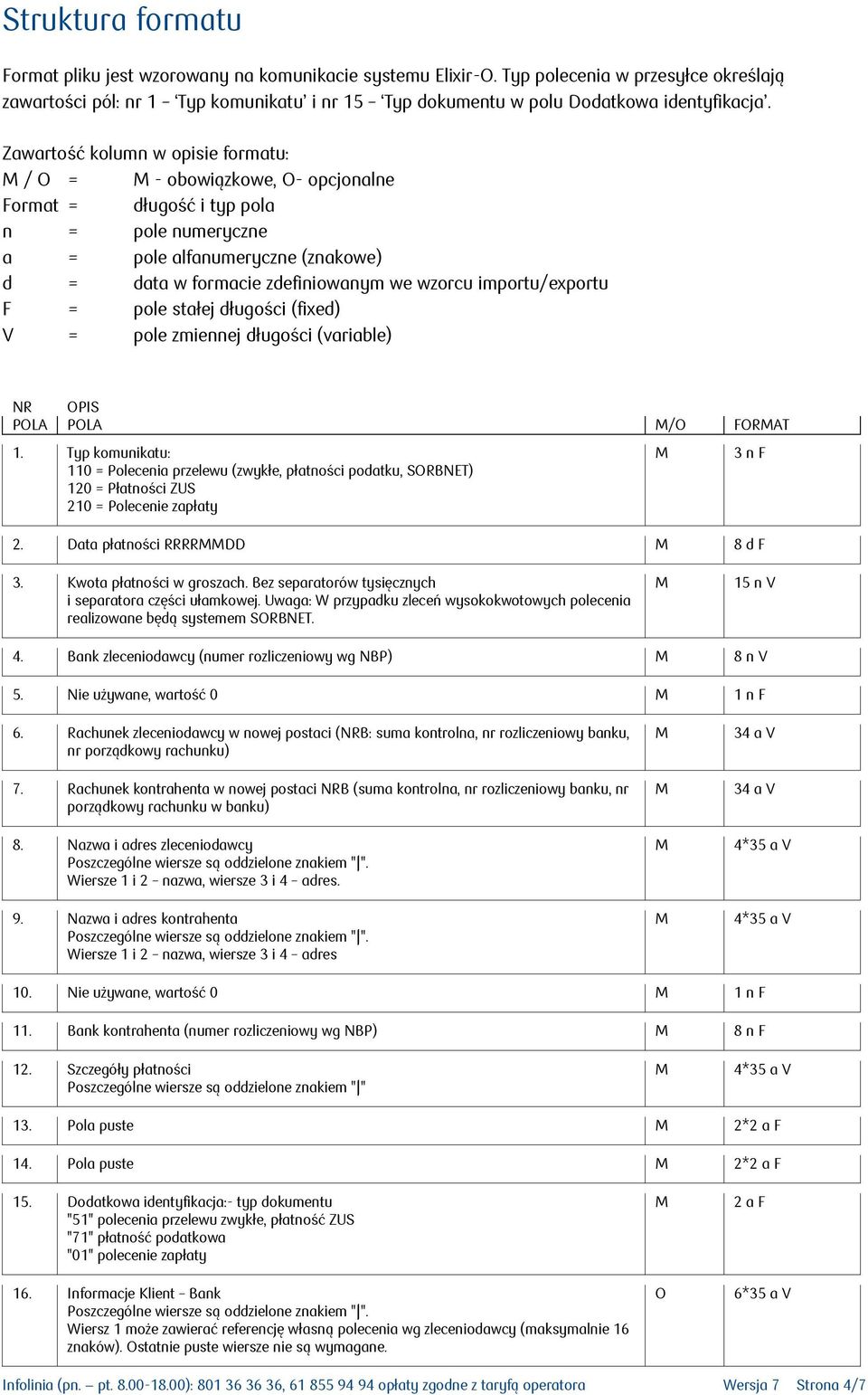 Zawartość kolumn w opisie formatu: / O = - obowiązkowe, O- opcjonalne Format = długość i typ pola n = pole numeryczne a = pole alfanumeryczne (znakowe) d = data w formacie zdefiniowanym we wzorcu