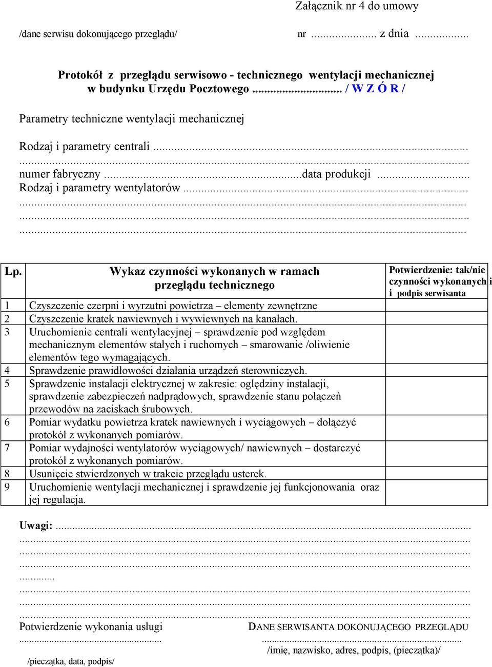 Wykaz czynności wykonanych w ramach przeglądu technicznego 1 Czyszczenie czerpni i wyrzutni powietrza elementy zewnętrzne 2 Czyszczenie kratek nawiewnych i wywiewnych na kanałach.