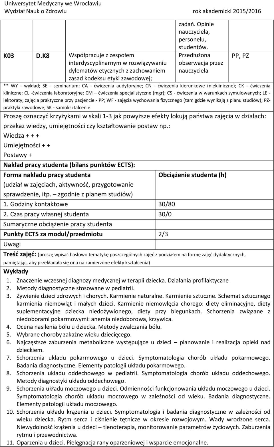 laboratoryjne; CM dwiczenia specjalistyczne (mgr); CS - dwiczenia w warunkach symulowanych; LE - lektoraty; zajęcia praktyczne przy pacjencie - PP; WF - zajęcia wychowania fizycznego (tam gdzie