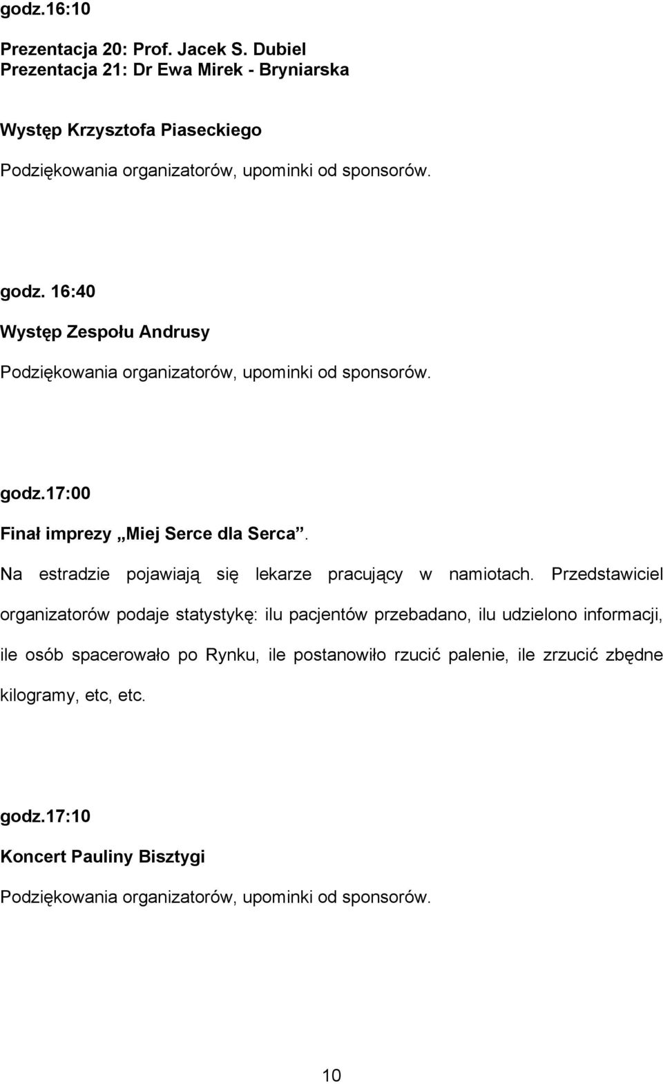 16:40 Występ Zespołu Andrusy Podziękowania organizatorów, upominki od sponsorów. godz.17:00 Finał imprezy Miej Serce dla Serca.