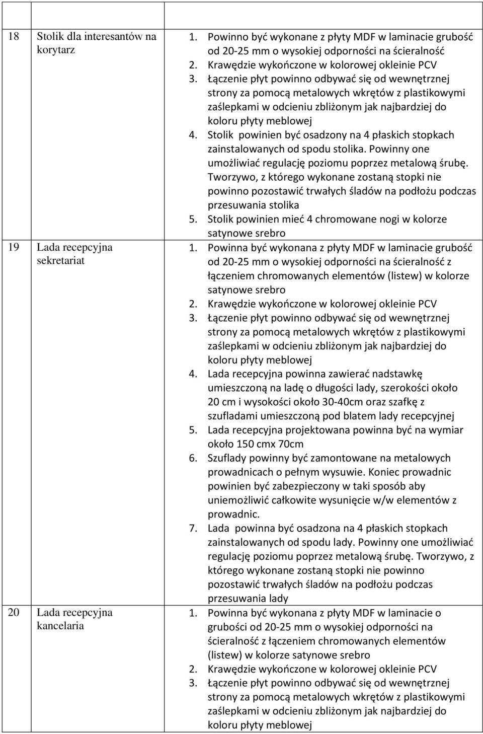 Powinna być wykonana z płyty MDF w laminacie grubość od 20-25 mm o wysokiej z łączeniem chromowanych elementów (listew) w kolorze satynowe srebro 4.