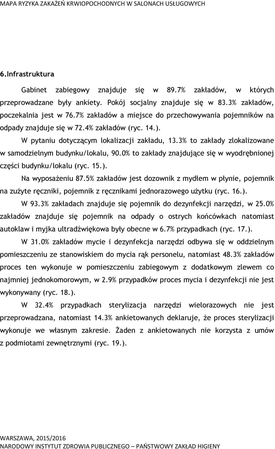 3% to zakłady zlokalizowane w samodzielnym budynku/lokalu, 90.0% to zakłady znajdujące się w wyodrębnionej części budynku/lokalu (ryc. 15.). Na wyposażeniu 87.