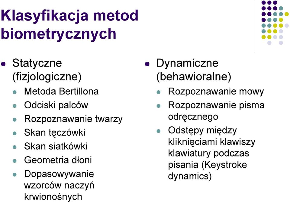 wzorców naczyń krwionośnych Dynamiczne (behawioralne) Rozpoznawanie mowy Rozpoznawanie