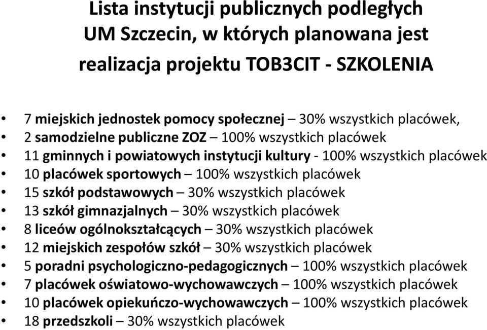 30% wszystkich placówek 13 szkół gimnazjalnych 30% wszystkich placówek 8 liceów ogólnokształcących 30% wszystkich placówek 12 miejskich zespołów szkół 30% wszystkich placówek 5 poradni