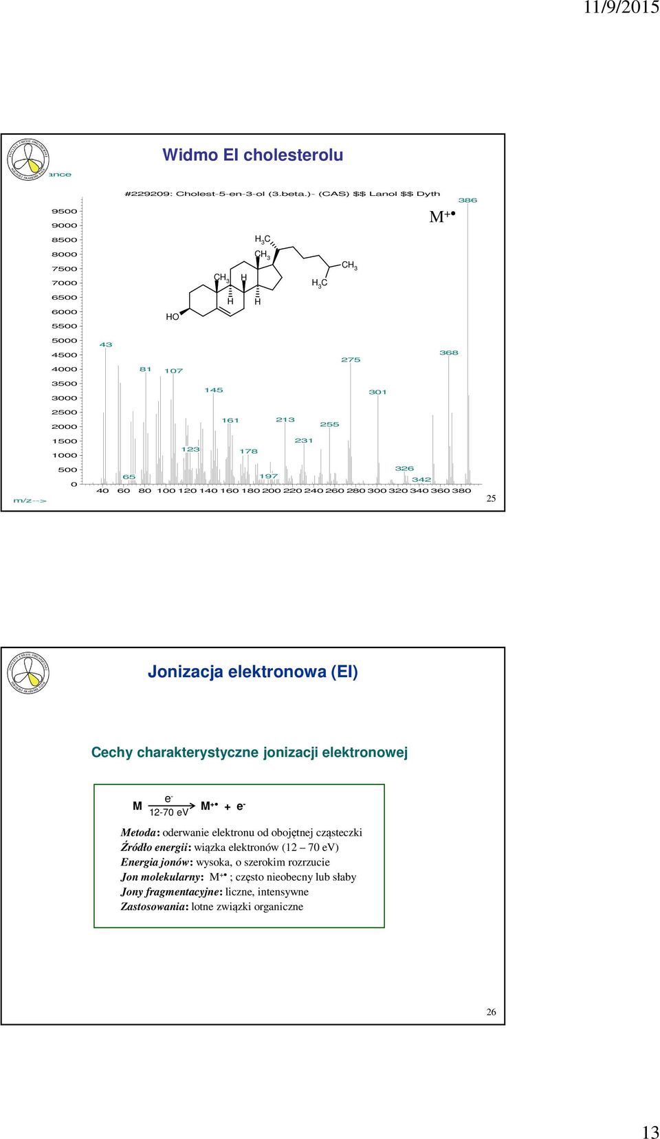 123 178 m/z--> 500 0 326 65 197 342 40 60 80 100 120140160 180200 220240260 280300 320340360 380 25 Jonizacja elektronowa (EI) Cechy charakterystyczne jonizacji elektronowej e - e