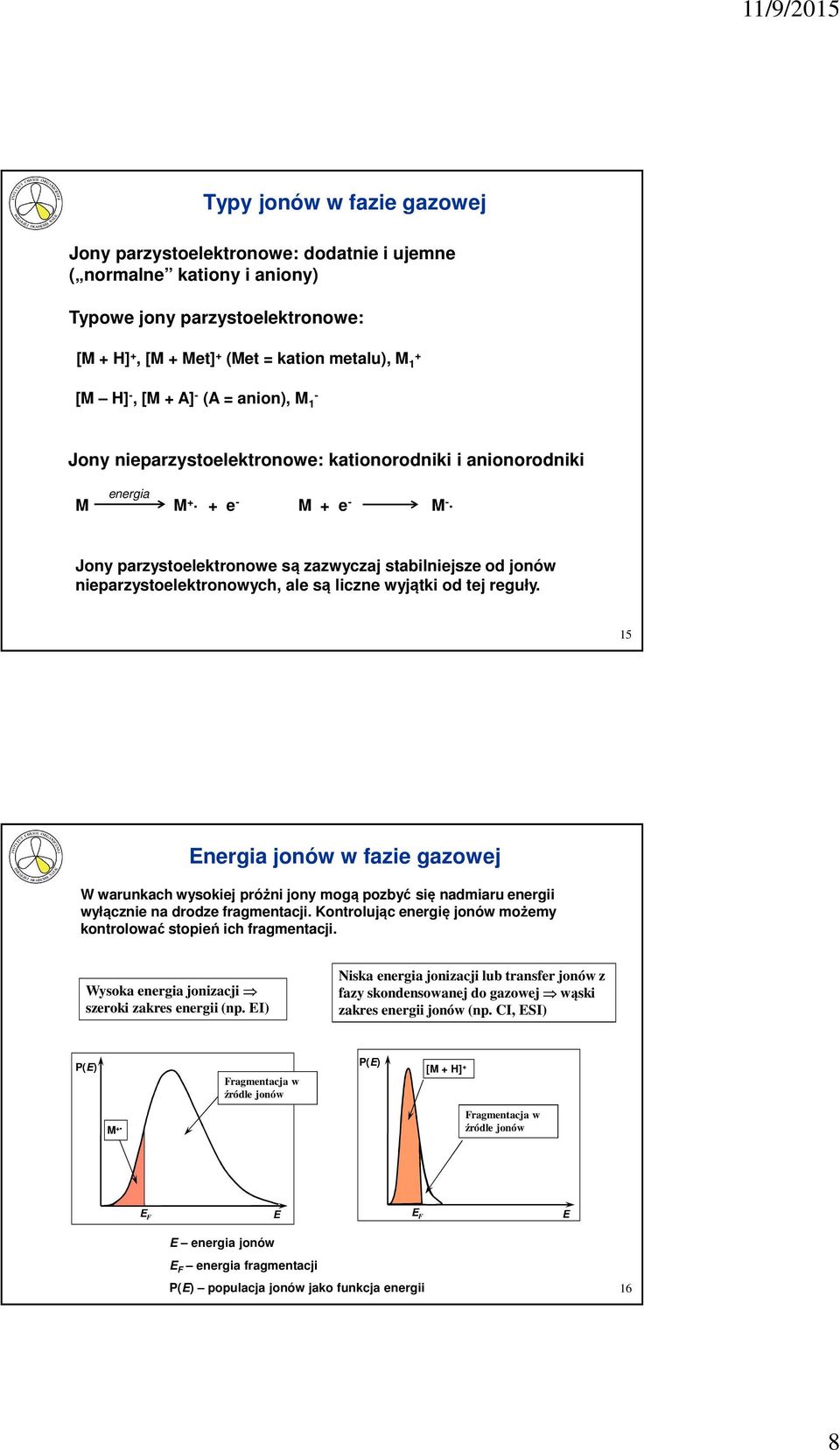 reguły. 15 Energia jonów w fazie gazowej W warunkach wysokiej próżni jony mogą pozbyć się nadmiaru energii wyłącznie na drodze fragmentacji.