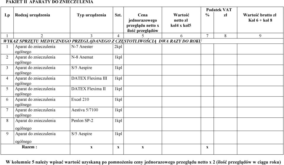 RAZY DO ROKU 1 Aparat do znieczulenia N-7 Anester 2kpl 2 Aparat do znieczulenia N-8 Anemat 1kpl 3 Aparat do znieczulenia S/5 Aespire 1kpl 4 Aparat do znieczulenia DATEX Flexima III 1kpl 5 Aparat do