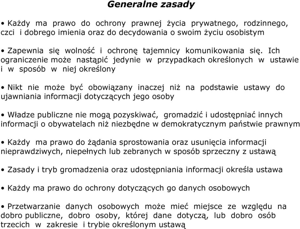 Ich ograniczenie może nastąpić jedynie w przypadkach określonych w ustawie i w sposób w niej określony Nikt nie może być obowiązany inaczej niż na podstawie ustawy do ujawniania informacji