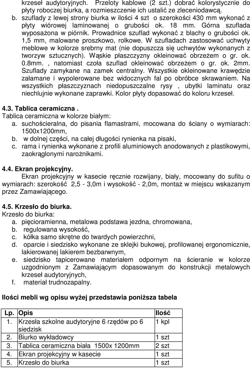 Górna szuflada wyposaŝona w piórnik. Prowadnice szuflad wykonać z blachy o grubości ok. 1,5 mm, malowane proszkowo, rolkowe.