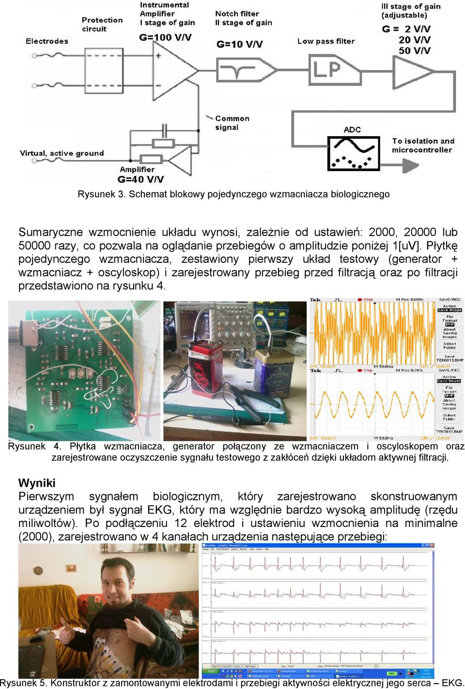 1[uV]. Płytkę pojedynczego wzmacniacza, zestawiony pierwszy układ testowy (generator + wzmacniacz + oscyloskop) i zarejestrowany przebieg przed filtracją oraz po filtracji przedstawiono na rysunku 4.