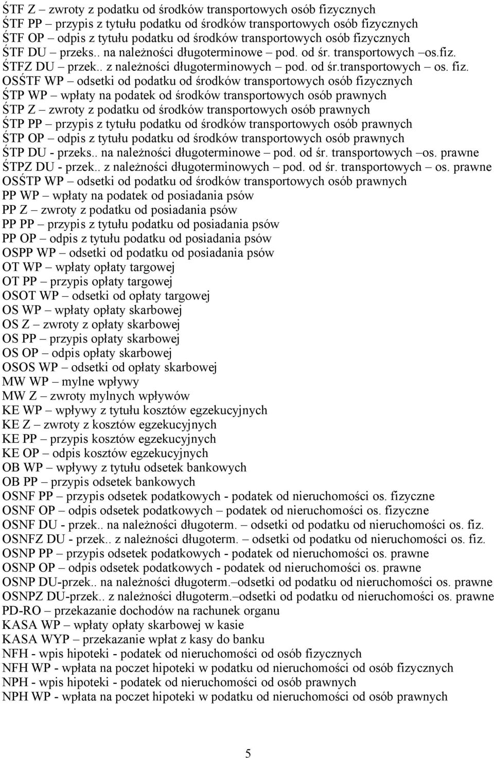 OSŚTF WP odsetki od podatku od środków transportowych osób fizycznych ŚTP WP wpłaty na podatek od środków transportowych osób prawnych ŚTP Z zwroty z podatku od środków transportowych osób prawnych