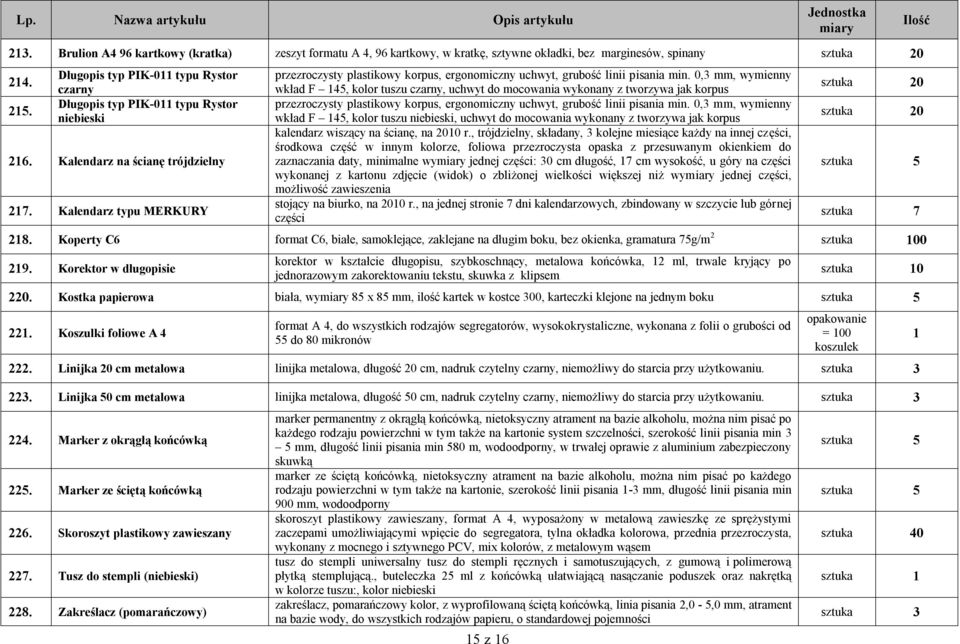 Kalendarz typu MERKURY przezroczysty plastikowy korpus, ergonomiczny uchwyt, grubość linii pisania min.