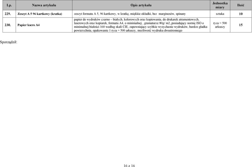 formatu A4, o minimalnej, gramaturze 80g/ m2,,posiadający normę ISO o minimalnej białości 60 według skali CIE, zapewniający szybkie