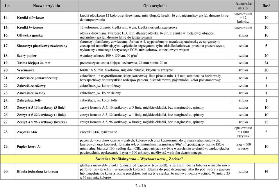 długość ołówka 6 cm, z gumką w metalowej obsadce, niełamliwy gryfel, drewno łatwe do temperowania skoroszyt plastikowy zawieszany, format A 4, wyposażony w metalową zawieszkę ze sprężystymi zaczepami