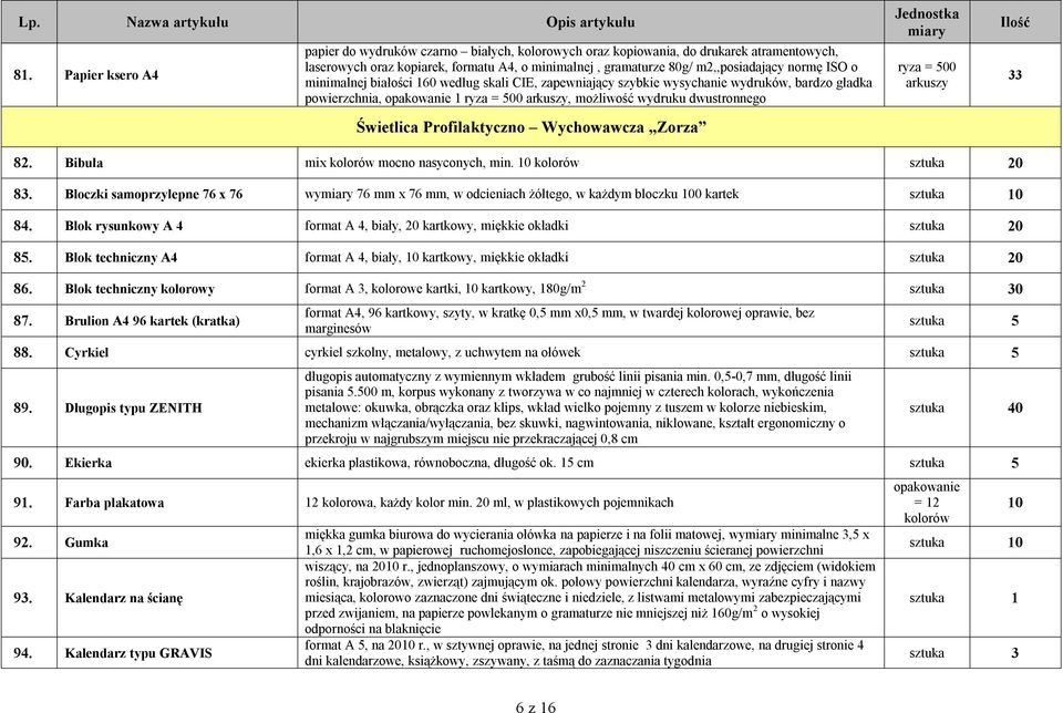 Wychowawcza Zorza ryza = 500 arkuszy 33 82. Bibuła mix mocno nasyconych, min. 0 0 83. Bloczki samoprzylepne 76 x 76 wy 76 mm x 76 mm, w odcieniach żółtego, w każdym bloczku 00 kartek sztuka 0 84.