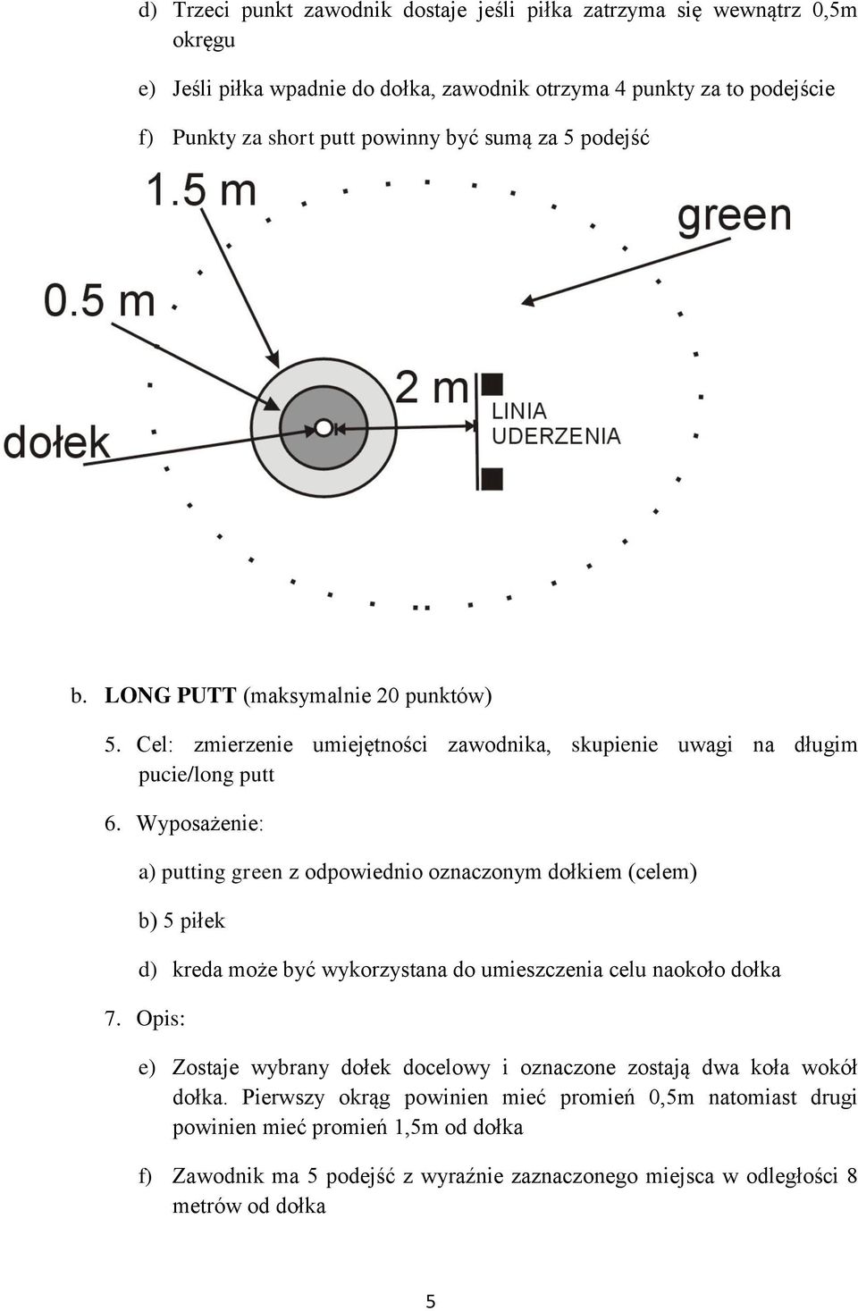 Wyposażenie: a) putting green z odpowiednio oznaczonym dołkiem (celem) b) 5 piłek d) kreda może być wykorzystana do umieszczenia celu naokoło dołka 7.