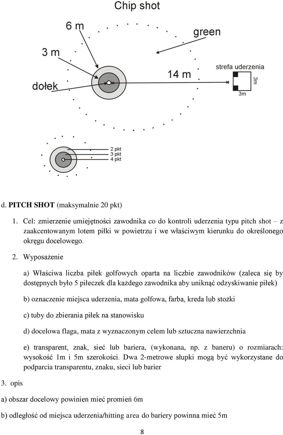 Wyposażenie a) Właściwa liczba piłek golfowych oparta na liczbie zawodników (zaleca się by dostępnych było 5 piłeczek dla każdego zawodnika aby uniknąć odzyskiwanie piłek) b) oznaczenie miejsca