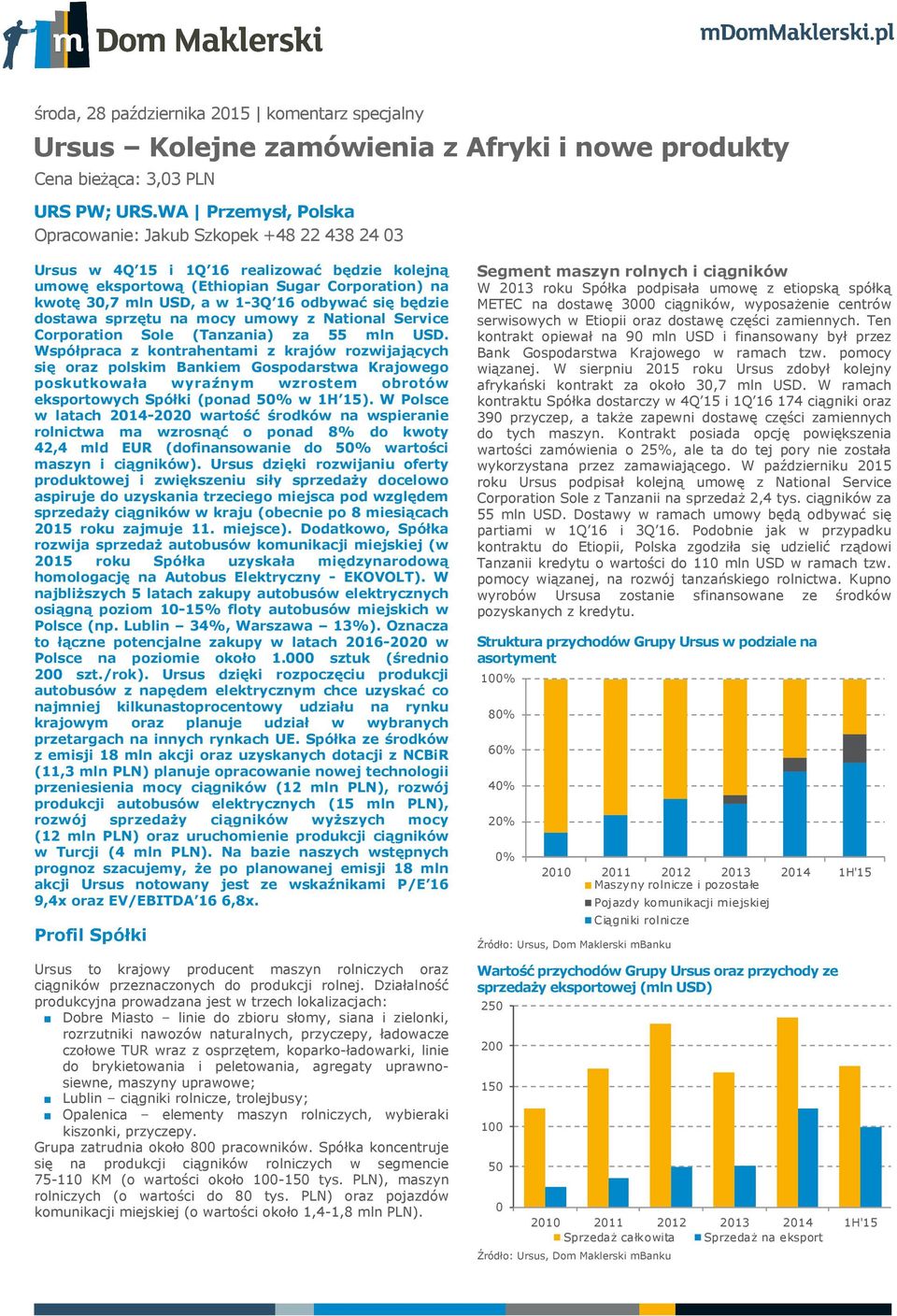 się będzie dostawa sprzętu na mocy umowy z National Service Corporation Sole (Tanzania) za 55 mln USD.