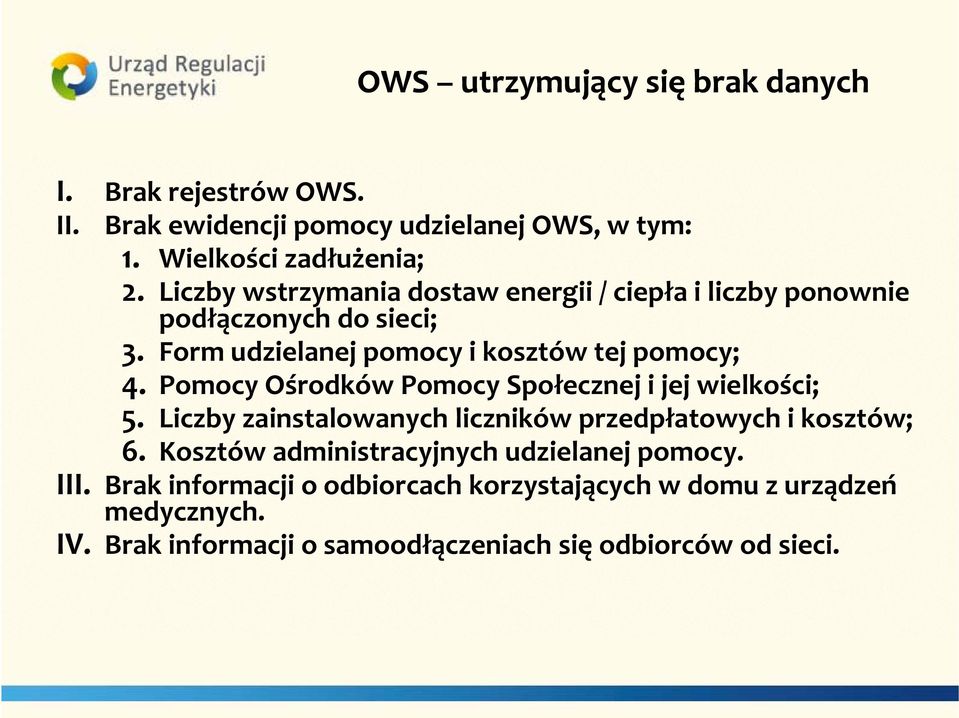 Pomocy Ośrodków Pomocy Społecznej i jej j wielkości; 5. Liczby zainstalowanych liczników przedpłatowych i kosztów; 6.