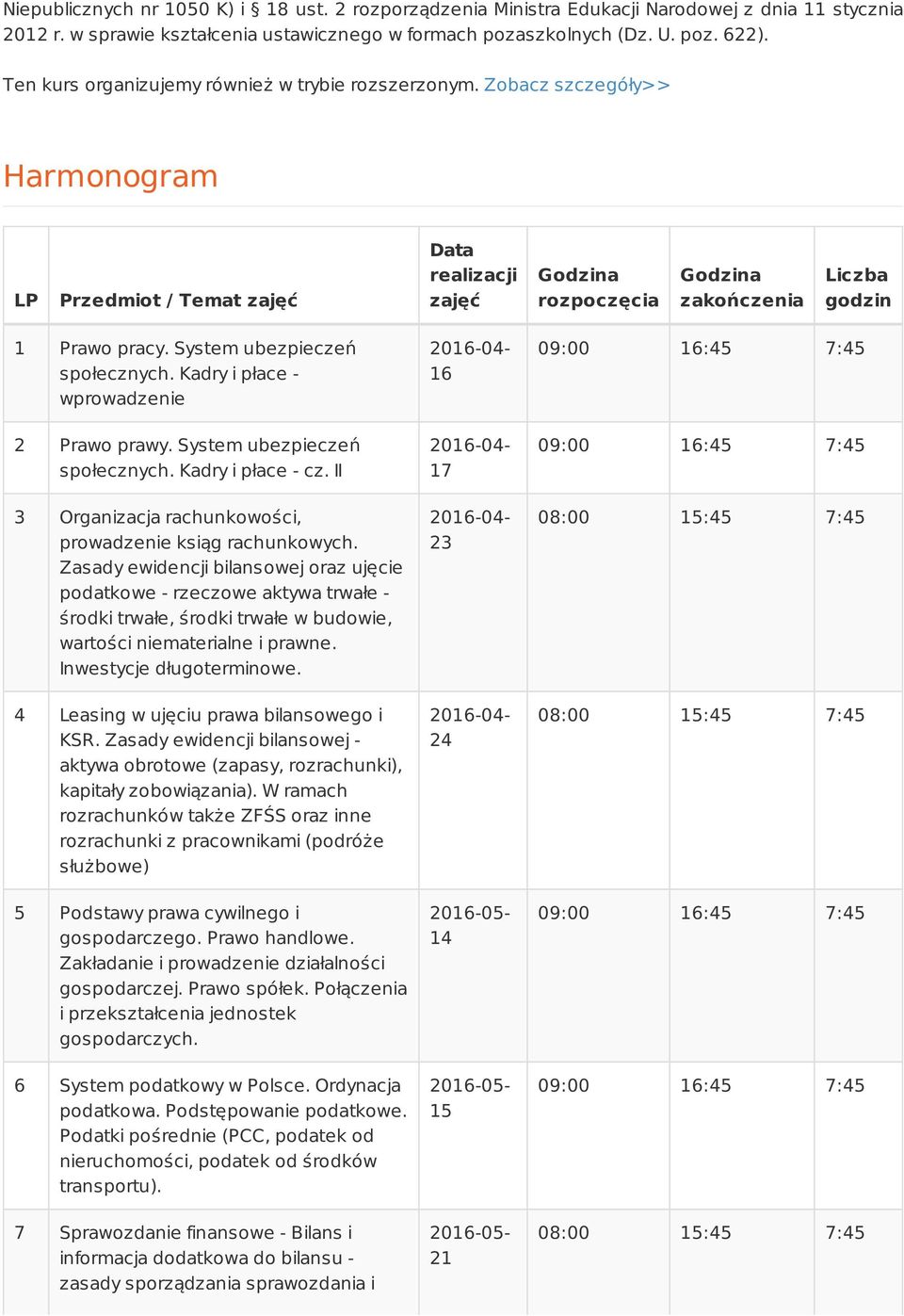 Zobacz szczegóły>> Harmonogram LP Przedmiot / Temat zajęć Data realizacji zajęć Godzina rozpoczęcia Godzina zakończenia Liczba godzin 1 Prawo pracy. System ubezpieczeń społecznych.