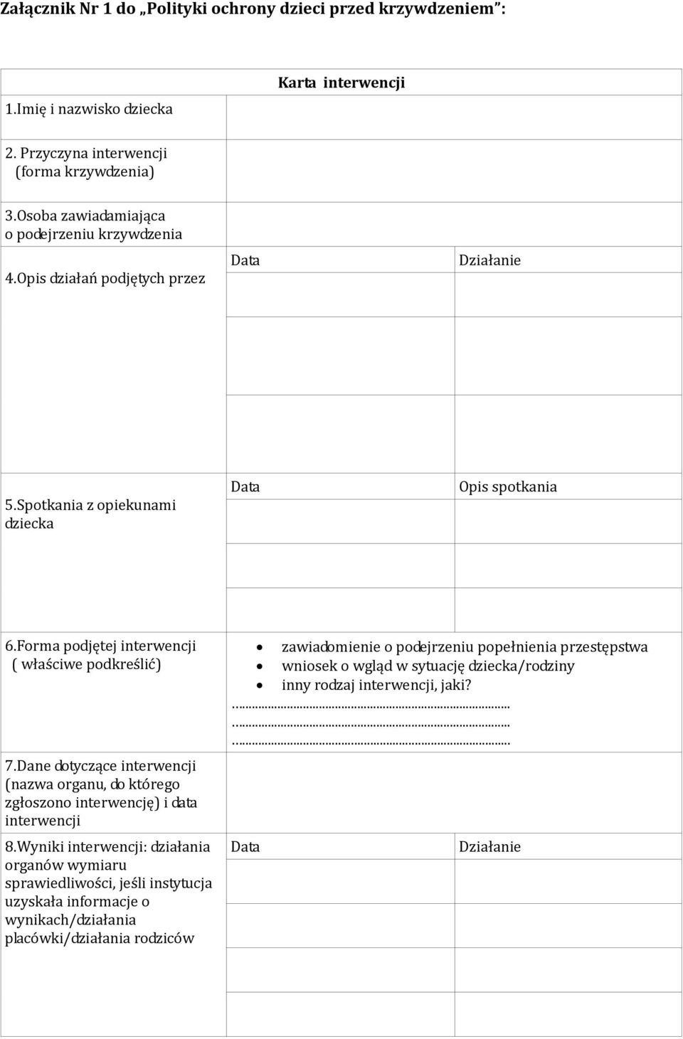 Forma podjętej interwencji ( właściwe podkreślić) 7.Dane dotyczące interwencji (nazwa organu, do którego zgłoszono interwencję) i data interwencji 8.