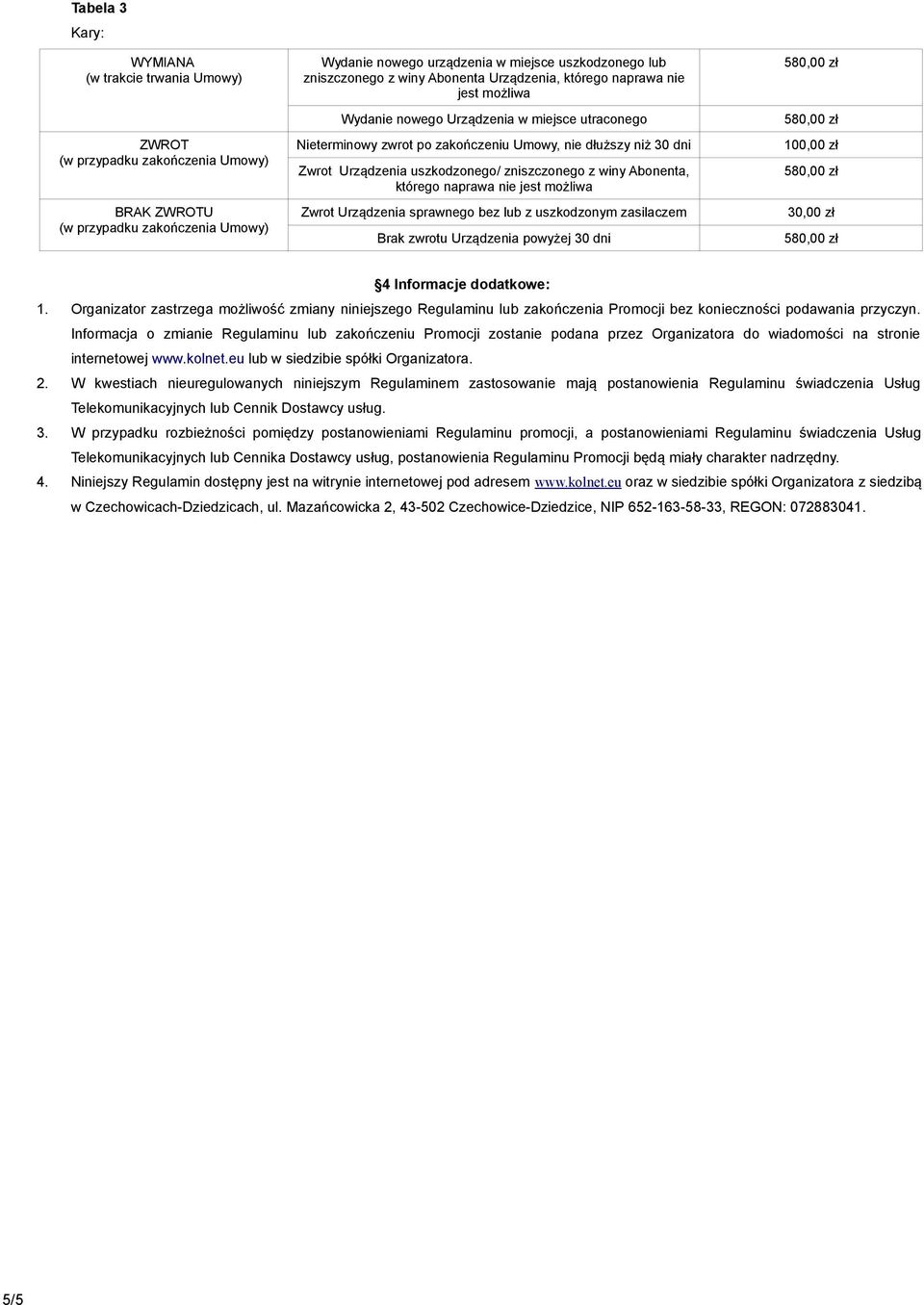 winy Abonenta, którego naprawa nie jest możliwa Zwrot Urządzenia sprawnego bez lub z uszkodzonym zasilaczem Brak zwrotu Urządzenia powyżej 30 dni 58 58 10 58 3 58 4 Informacje dodatkowe: 1.