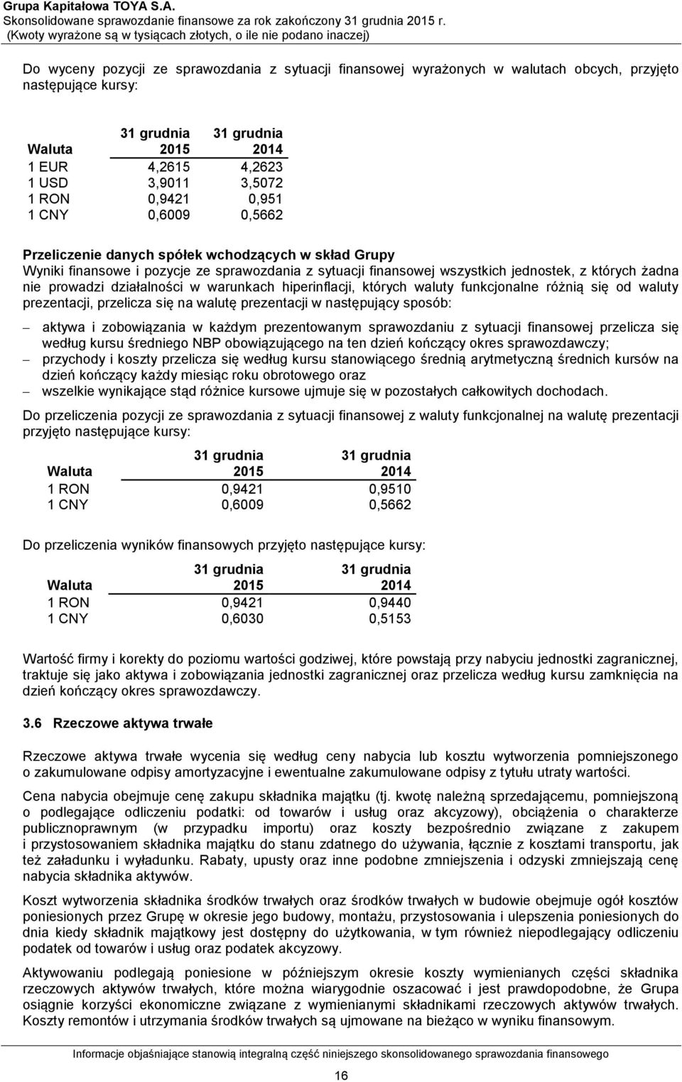 2015 31 grudnia 2014 1 EUR 4,2615 4,2623 1 USD 3,9011 3,5072 1 RON 0,9421 0,951 1 CNY 0,6009 0,5662 Przeliczenie danych spółek wchodzących w skład Grupy Wyniki finansowe i pozycje ze sprawozdania z