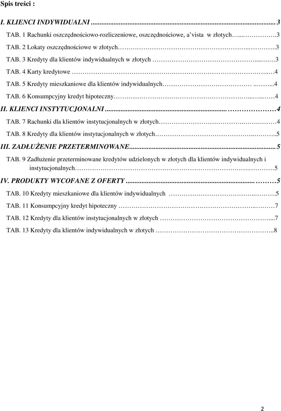 . 4 TAB. 8 Kredyty dla klientów instytucjonalnych w złotych....5 III. ZADŁUŻENIE PRZETERMINOWANE... 5 TAB.