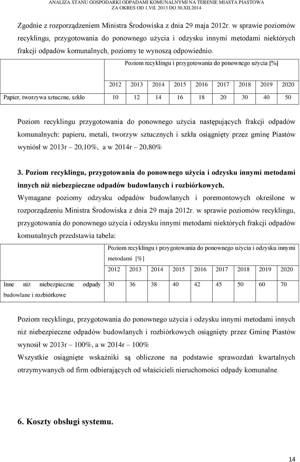 Poziom recyklingu i przygotowania do ponownego użycia [%] 2012 2013 2014 2015 2016 2017 2018 2019 2020 Papier, tworzywa sztuczne, szkło 10 12 14 16 18 20 30 40 50 Poziom recyklingu przygotowania do