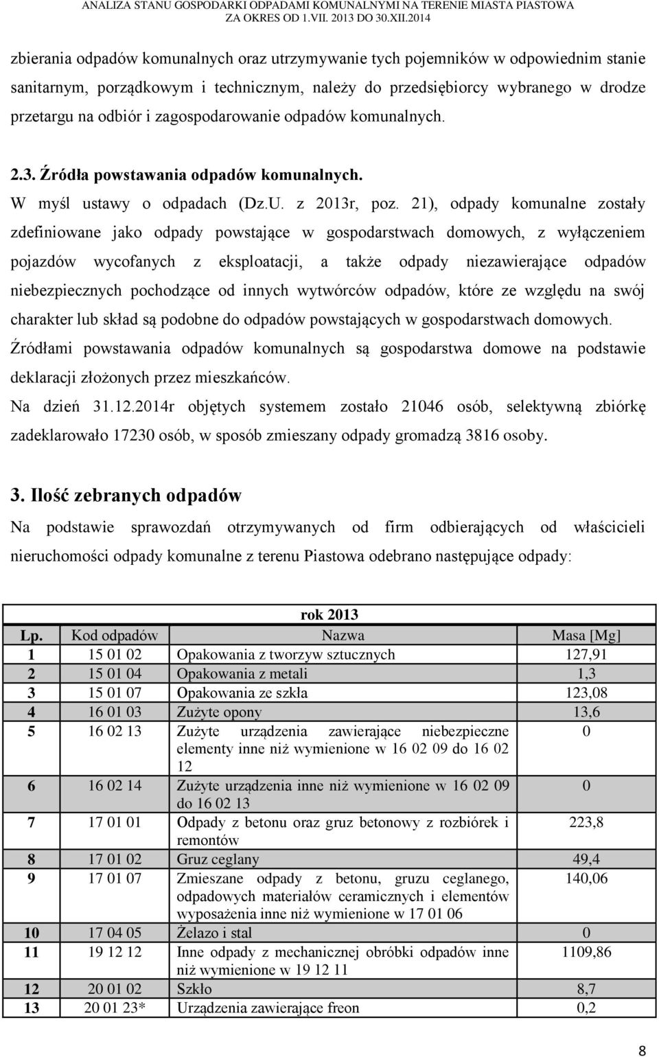 21), odpady komunalne zostały zdefiniowane jako odpady powstające w gospodarstwach domowych, z wyłączeniem pojazdów wycofanych z eksploatacji, a także odpady niezawierające odpadów niebezpiecznych