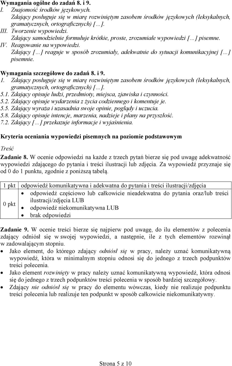 Zdający [ ] reaguje w sposób zrozumiały, adekwatnie do sytuacji komunikacyjnej [ ] pisemnie. szczegółowe do zadań 8. i 9. 1.