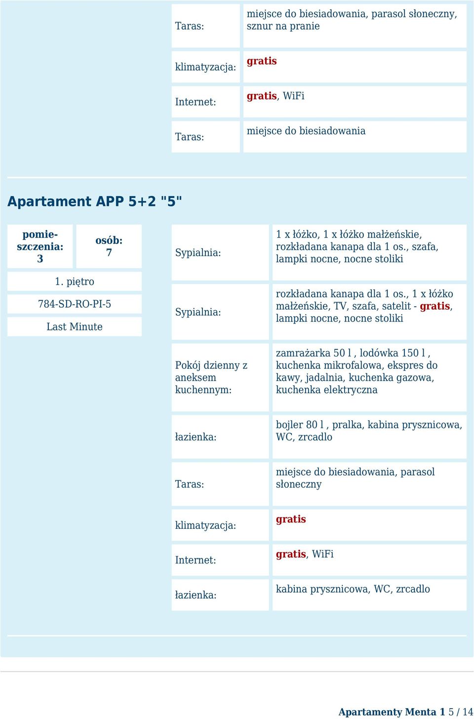 , 1 x łóżko małżeńskie, TV, szafa, satelit - gratis, lampki nocne, nocne stoliki Pokój dzienny z aneksem kuchennym: zamrażarka 50 l, lodówka 150 l, kuchenka mikrofalowa, ekspres do kawy, jadalnia,