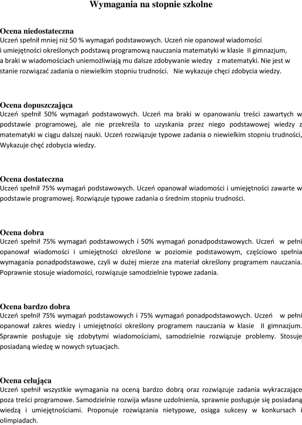 matematyki. Nie jest w stanie rozwiązać zadania o niewielkim stopniu trudności. Nie wykazuje chęci zdobycia wiedzy. Ocena dopuszczająca Uczeń spełnił 50% wymagań podstawowych.