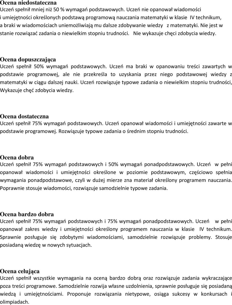 matematyki. Nie jest w stanie rozwiązać zadania o niewielkim stopniu trudności. Nie wykazuje chęci zdobycia wiedzy. Ocena dopuszczająca Uczeń spełnił 50% wymagań podstawowych.